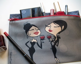 zipper pouch, clutch, purse, woman, wine, cute, pencil case, illustration, party, gray