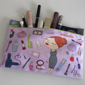zipper pouch, clutch, purse, woman, makeup bag, light purple, cosmetic image 2