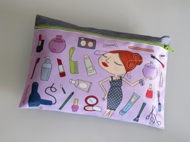 zipper pouch, clutch, purse, woman, makeup bag, light purple, cosmetic image 4