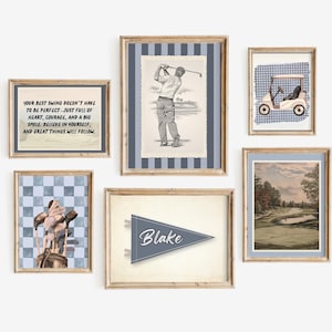 Golf Art Vintage Boys Room Set of 6 Gallery Wall  Gift Man Cave Decor Custom Pennant Flag  Nursery Boho Blue Golf Poster Golfer Print Sports