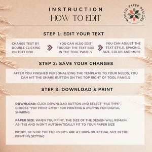 K&ouml;nnte beinhalten: Anleitungsgrafik mit Text auf beigem Hintergrund. Der Text lautet &bdquo;How to Edit&ldquo; und enth&auml;lt Schritte zum Bearbeiten von Text, Speichern von &Auml;nderungen sowie zum Herunterladen und Drucken. Enth&auml;lt Anweisungen f&uuml;r Dateityp und Papierformat.