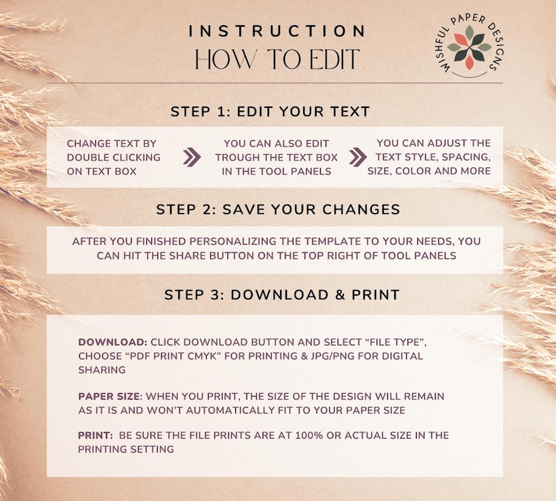 K&ouml;nnte beinhalten: Anleitungsgrafik mit Text auf beigem Hintergrund. Der Text lautet &bdquo;How to Edit&ldquo; und enth&auml;lt Schritte zum Bearbeiten von Text, Speichern von &Auml;nderungen sowie zum Herunterladen und Drucken. Enth&auml;lt Anweisungen f&uuml;r Dateityp und Papierformat.