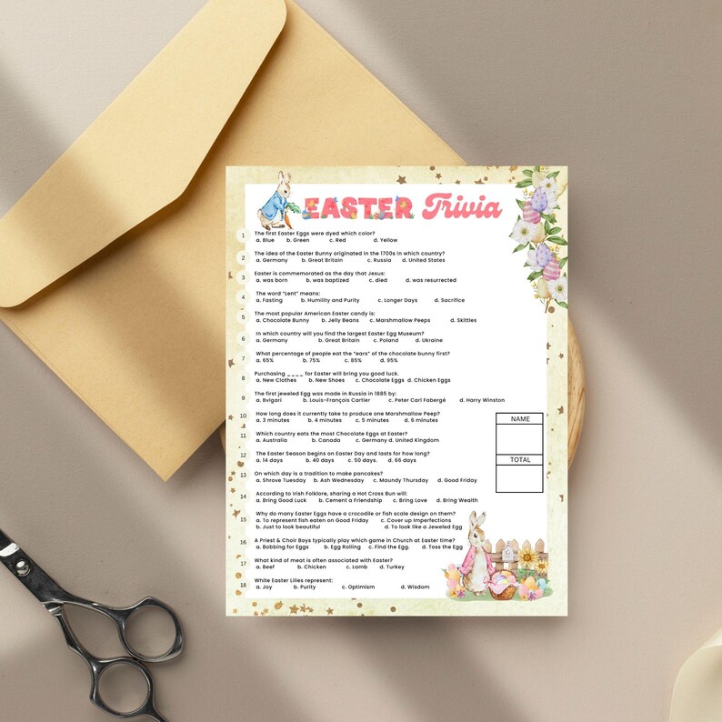 May include: A printable Easter trivia game with a cute bunny illustration. The game features questions about Easter traditions, history, and symbols.  The questions are multiple choice and there is space for a name and total score.