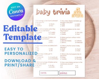 Juego de trivia para baby shower / Juegos para baby shower / Plantilla de trivia para baby shower / Preguntas de trivia / Plantilla de juego de trivia / Plantilla para bebé