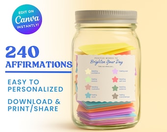 Daily Affirmations Jar, Encouragement and Motivation, Positive Quotes for Self-Care, DIY Printable, Uplifting Gift for Women