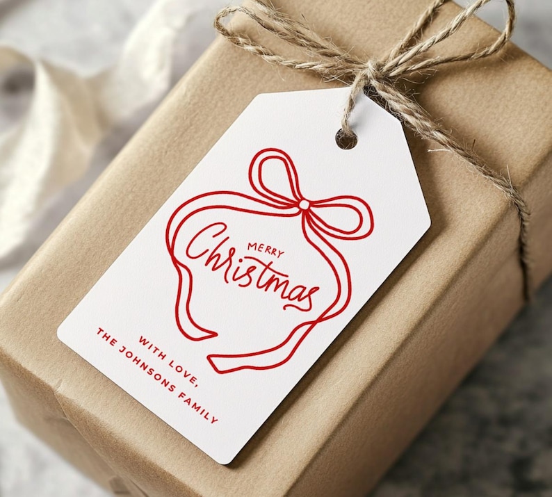 Wrapped Around Tag Sticker Red Bow Christmas Gift Tag Template, Merry Christmas Favor Tags ...