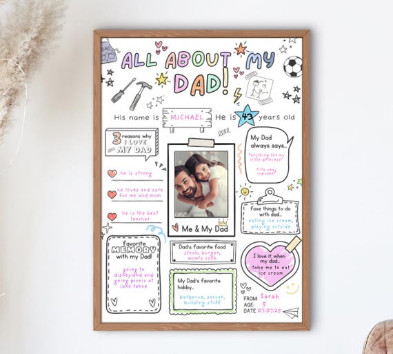 All About My Dad Printable Fathers Day Questionnaire Dad Gift from Kids, Fill In The Blank Worksheet,DIY Fathers Day Coloring Card Activity