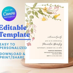 Convite para festa de aposentadoria no jardim, modelo editável do Canva para download instantâneo, convite para festa de aposentadoria de verão