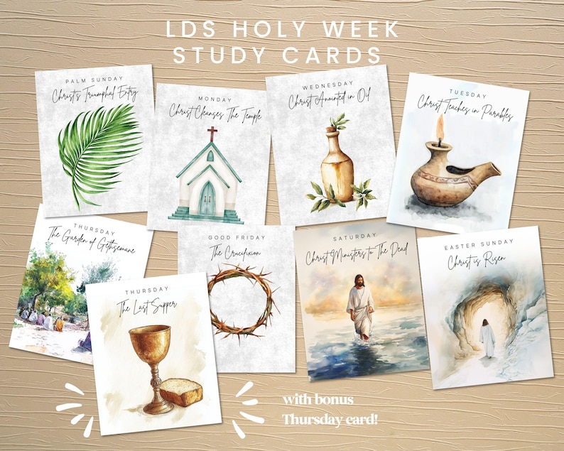 Pu&ograve; includere: Set di 8 carte di studio illustrate ad acquerello per la Settimana Santa della Chiesa di Ges&ugrave; Cristo dei Santi degli Ultimi Giorni. Ogni carta presenta un evento diverso della settimana precedente la Pasqua, tra cui la Domenica delle Palme, il luned&igrave;, il marted&igrave;, il mercoled&igrave;, il gioved&igrave;, il Venerd&igrave; Santo, il sabato e la Domenica di Pasqua. Le carte sono stampate su cartoncino bianco e hanno un aspetto rustico e vintage.
