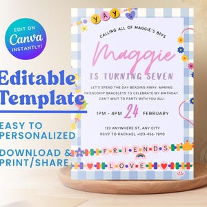Editable Friendship Bracelet Invitation Girl Birthday Bead Bracelet Making Invite Jewelry Party Pink Instant Download Printable Invite