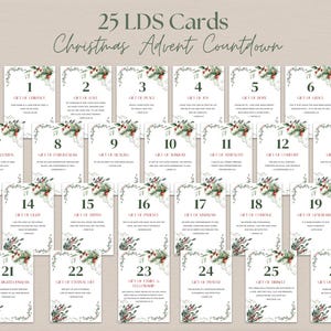 May include: A set of 25 LDS Christmas Advent Countdown cards. Each card is white with a decorative floral border and a number. The cards feature text such as "Gift of Grace" and "Gift of Hope".