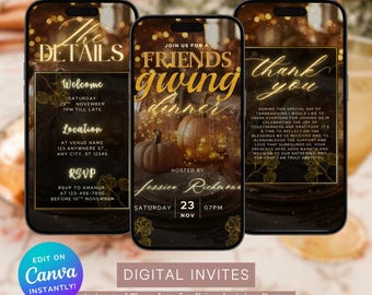 Digital Friendsgiving Dinner Invitation, Cozy Thanksgiving Dinner Party Evite, Self Editable DIY Itinerary Template, Fall Party Video Invite