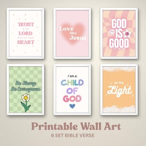 Kids Bible Verse Wall Art Set of 6, Girl Bible Nursery, Scripture Wall Art Modern Christian Decor, Girls Room Decor Christian Prints