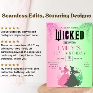May include: A birthday invitation with a pink and green gradient background. The invitation reads "Wicked Celebration" and includes the name "Emily" and the date. Silhouettes of two figures are at the bottom.