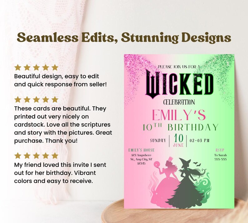 May include: A birthday invitation with a pink and green gradient background. The invitation reads "Wicked Celebration" and includes the name "Emily" and the date. Silhouettes of two figures are at the bottom.