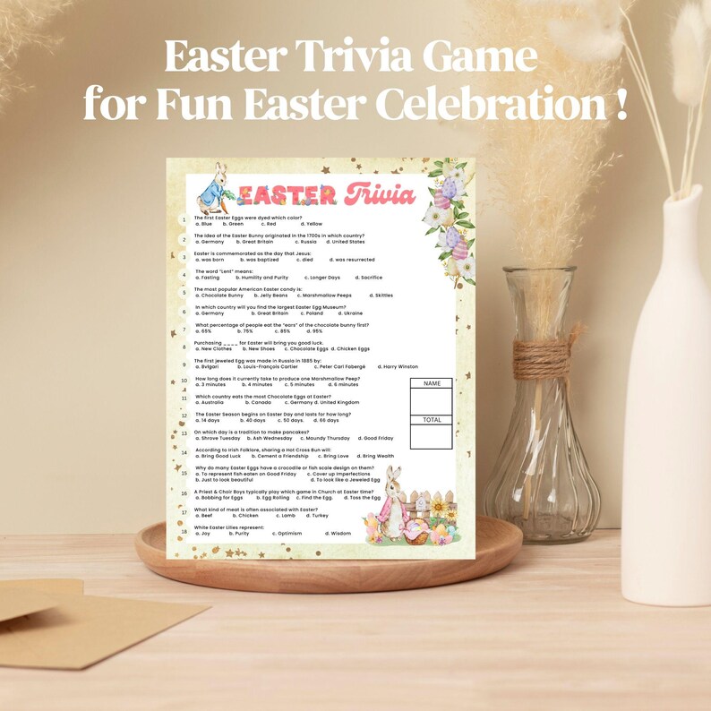 May include: A printable Easter trivia game with a cute bunny illustration. The game features questions about Easter traditions, history, and fun facts.  The title is "Easter Trivia Game for Fun Easter Celebration!"