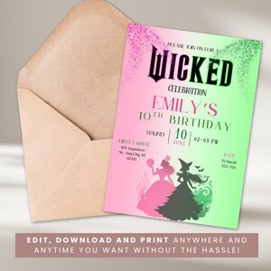 May include: A birthday party invitation with a pink and green gradient background. The invitation reads "Wicked Celebration" and "Emily's 10th Birthday." The invitation includes the date, time, and RSVP information. An envelope is in the background.