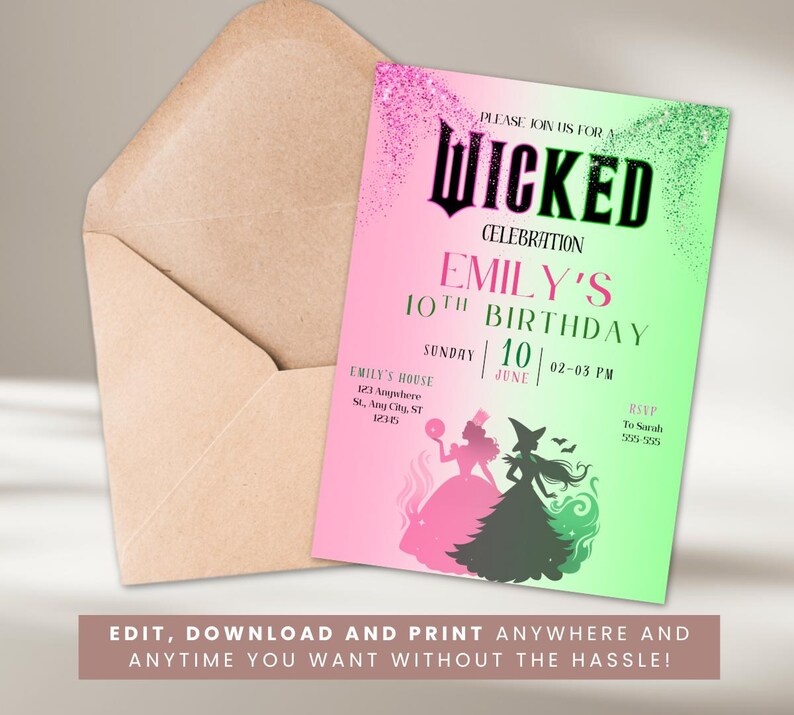May include: A birthday party invitation with a pink and green gradient background. The invitation reads "Wicked Celebration" and "Emily's 10th Birthday." The invitation includes the date, time, and RSVP information. An envelope is in the background.