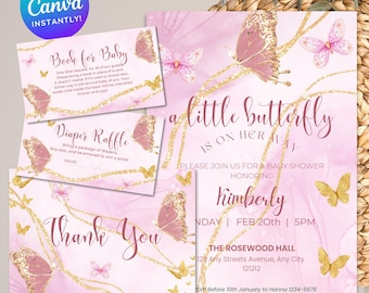 Editable Butterfly Baby Shower Invitation Set. Butterfly Baby Shower Invitation for Girl Bundle. Pink Purple Gold Butterfly Baby Shower