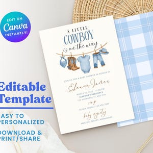 Cowboy Baby Shower Invitation Template, Dusty Blue Wild Western CLINT, A little Cowboy Is On The Way Invite, Cowboy Clothesline Baby Shower
