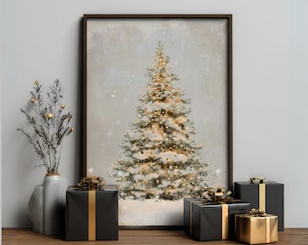 May include: A framed Christmas tree art print with a snowy effect, surrounded by wrapped gifts. The gifts are black with gold ribbon and accents. A vase with decorative branches is on the left.
