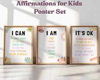 Affirmations for Kids Poster Set of 3, Classroom Decor Set,  Daily Affirmations Wall Art Bundle, I Am I Can Words of Affirmations for Kids