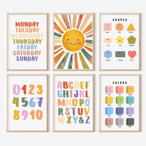 6er Set Lernposter, Digitaler Download, Homeschool, Montessori Poster, Kleinkind Spielzimmer, Regenbogen Kinderzimmer, Alphabet und Zahlen