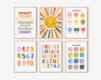 May include: Set of six colorful educational posters for kids featuring days of the week, numbers, alphabet, shapes, and colors. Each poster has a different design with a bright and cheerful color scheme.