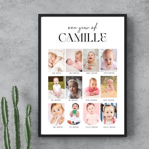 Plantilla de póster imprimible del primer año del bebé, cartel moderno con collage de fotos del primer cumpleaños, tablero editable con imágenes del año, descarga instantánea