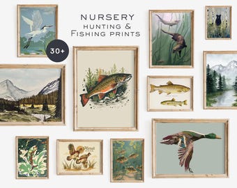 Fishing Hunting Nursery Decor Bundle, DIGITAL DOWNLOAD, Farmhouse Rustic Nursery Art, Woodland Nursery Prints, Vintage Boy Nursery Wall Art