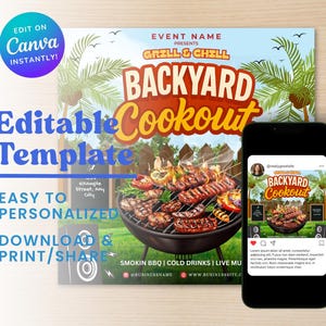Backyard Cookout Flyer, Party Flyer, Social Media Flyer, Food Flyer, DIY Canva Editable Design Template, Summer Cookout Flyer, BBQ Flyer