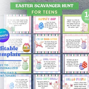 May include: An Easter scavenger hunt template for teenagers, with colourful clue cards featuring riddles and illustrations of Easter eggs and bunnies. The design includes the text "Easter Scavenger Hunt For Teens" and "Editable Template".