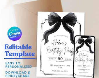 Black Bow Birthday Invitation Template, Editable Canva Template, Coquette Party Invite, Minimalist Black Bow Birthday Invite
