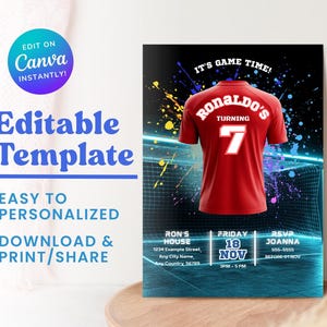 Faire-part de fête de football, téléchargement immédiat, maillot de football de l'âge modifiable, invitation d'anniversaire de football pour enfant, modèle numérique, carte imprimable,