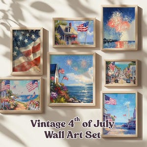 Printable Independence Day Art Set, Digital Download S80, USA Summer Wall Decor, American Flag, 4th of July Painting, Vintage Coastal Prints