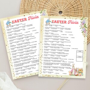 May include: Two printable Easter trivia game sheets with a bunny rabbit illustration. The sheets feature questions about Easter traditions, history, and symbols. The questions are multiple choice with four answer options each.