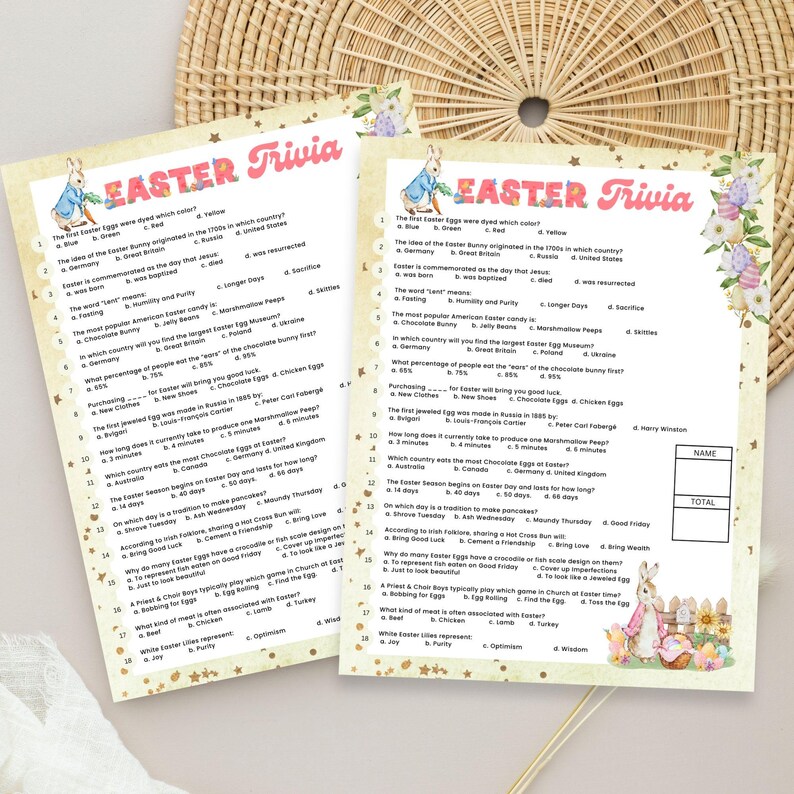 May include: Two printable Easter trivia game sheets with a bunny rabbit illustration. The sheets feature questions about Easter traditions, history, and symbols. The questions are multiple choice with four answer options each.