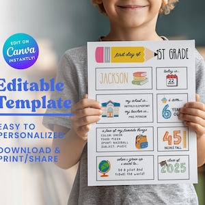 Editable Back to School Sign Reusable Personalized Signs Template Kids Teacher Instant Digital Download First Day of School Sign Printable