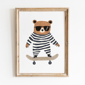 Skateboarding Bär Kinderzimmer Wandkunst, digitaler Download, Wunderliche Tierdruck für Kinderzimmer, druckbare Kunst, verspieltes Kinderdekor