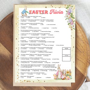 May include: A printable Easter trivia game with a colorful bunny rabbit illustration. The game features questions about Easter traditions, history, and fun facts.  The questions are multiple choice with four options each.