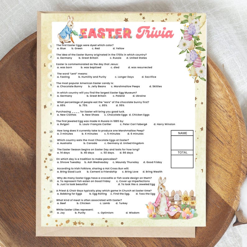 May include: A printable Easter trivia game with a colorful bunny rabbit illustration. The game features questions about Easter traditions, history, and fun facts.  The questions are multiple choice with four options each.