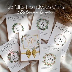 May include: A collection of white cards with text and illustrations. The cards feature phrases like "The Gift of Salvation" and "25 Gifts from Jesus Christ." Each card has a number, such as 6, 3, 21, 13, and 25, surrounded by a wreath.