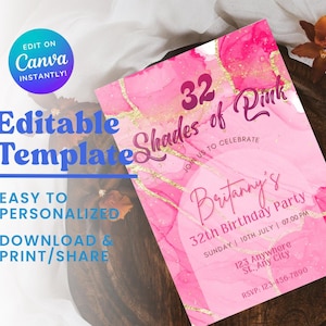 Editable Shades of Pink Invitation,  Printable, Agate Birthday Dinner Invitation, Editable
