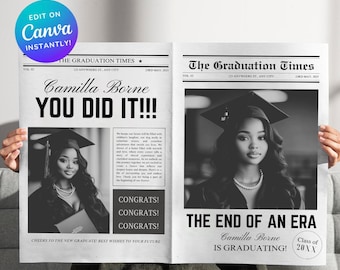 Canva Graduation Party Invite Newspaper Template, Graduation Gazeta Do Sesji Zdjęciowej | Duży Edytowalny Szablon Gazety Ukończenia Szkoły