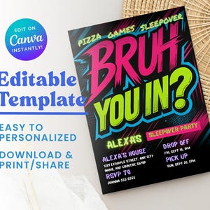 Bruh Sleepover Invitation, Neon Graffiti, Printable Card, Editable Party Invite, Boys Night or Weekend Digital Template, Instant Download