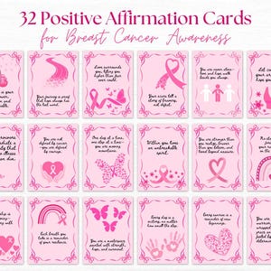 以下が含まれることがあります： 乳がん啓発のための32枚のピンク色の肯定カードのセット。各カードには、インスピレーションを与えるメッセージとピンクのリボンのデザインが施されています。カードは装飾的なボーダーで縁取られています。