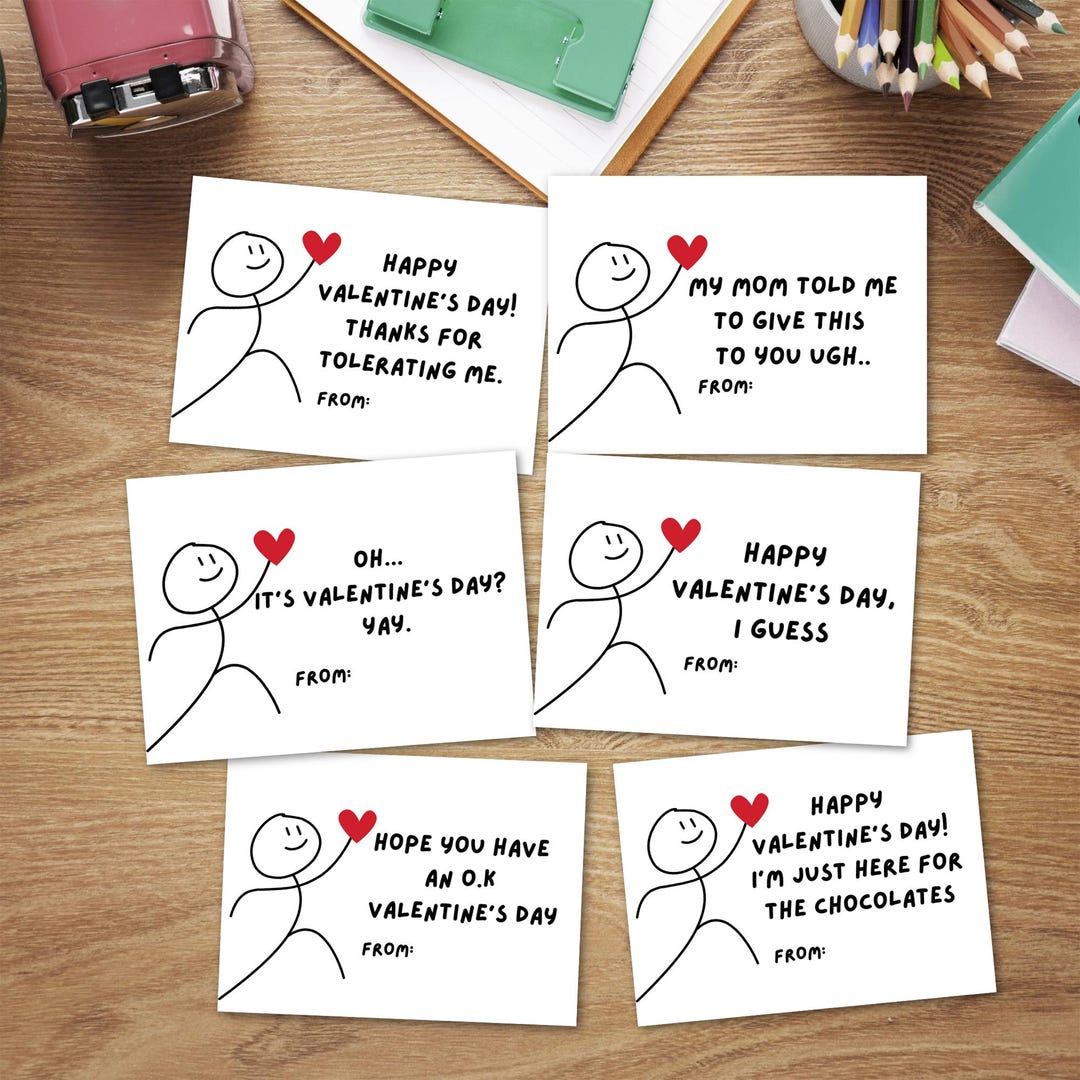 Funny Kids Valentine's Day Cards, Stick Figure Humor, Digital Valentine ...