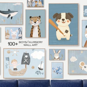 Peut inclure: Collection d'art mural de chambre d'enfant encadré avec diverses illustrations. Comprend une baleine, un chien avec une batte de baseball, un bateau pirate et d'autres images sur le thème des animaux et de l'espace. Le texte indique "100+ BOYS/NURSERY WALL ART".