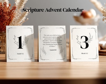 Adventskalender met Schriftteksten | Afdrukbare kerstadventskalender | Op geloof gebaseerde adventkaarten | Christelijke familietraditie