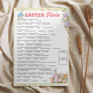 May include: A printable Easter trivia game with questions about the holiday. The game features a cartoon bunny rabbit and colorful Easter eggs.